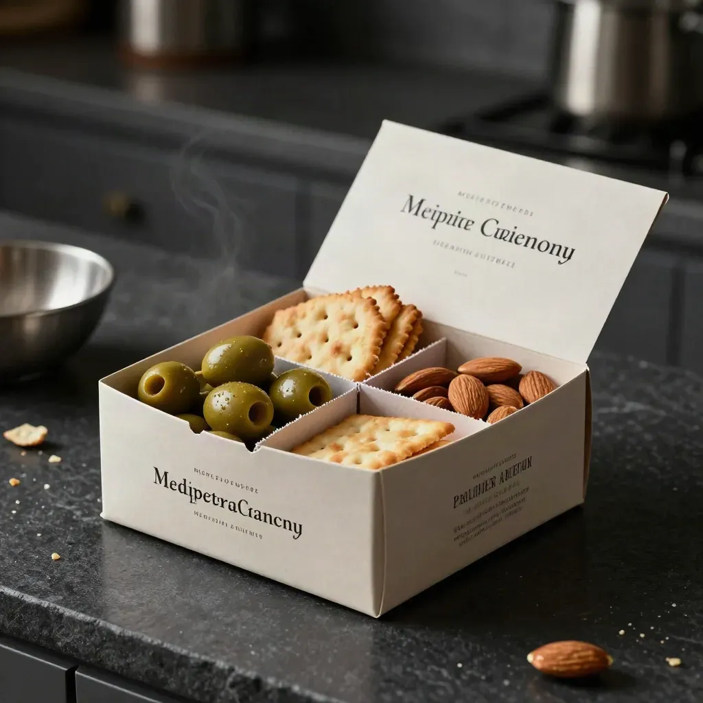 Opened Mediterranean snack box with olives, crackers and almonds on dark stone