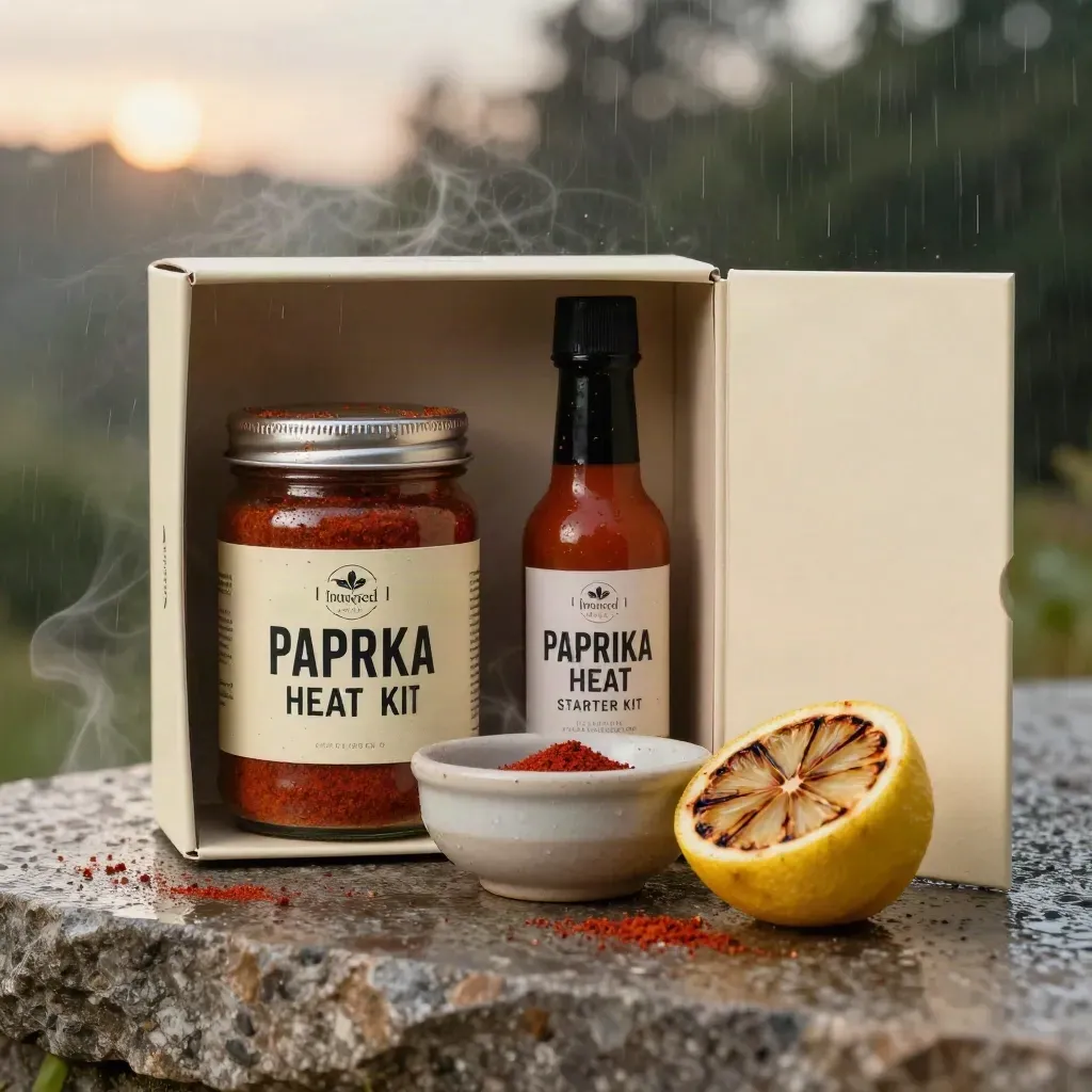 Opened paprika heat starter kit on damp stone with hot sauce, spice jar, pinch bowl and charred lemon.