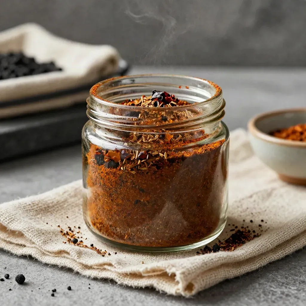 Smoked harissa jar half-buried in flax with pepper crumbs and drifting spice dust.