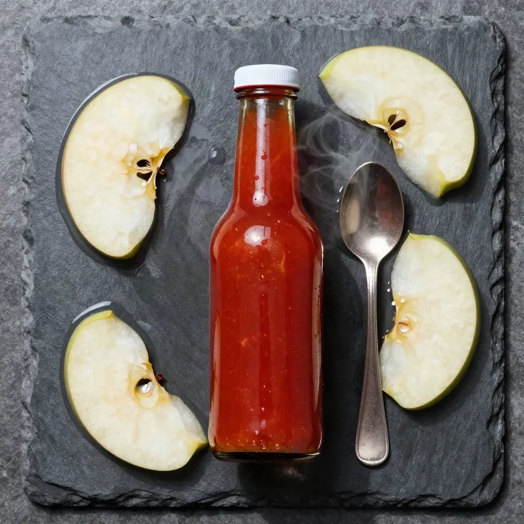 Top-down shot of chilli sauce bottle with apple slices and spoon on wet slate