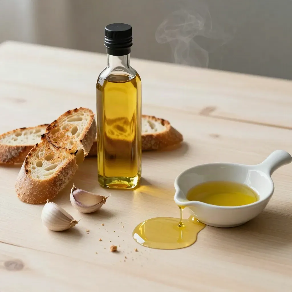 Unbranded roasted garlic oil with toast, garlic cloves, and ceramic pour dish on pale wood