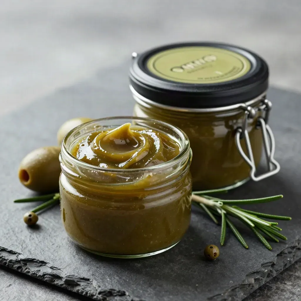 Two olive tapenade jars on dark stone with rosemary, olive pits, and glossy spoon swirls.