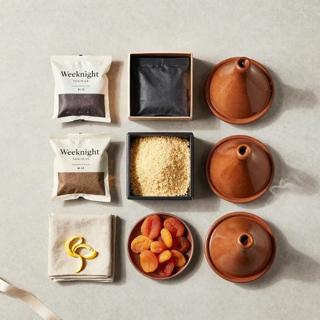 Overhead tagine kit flatlay with spice sachets, couscous, apricots and lemon peel on linen.
