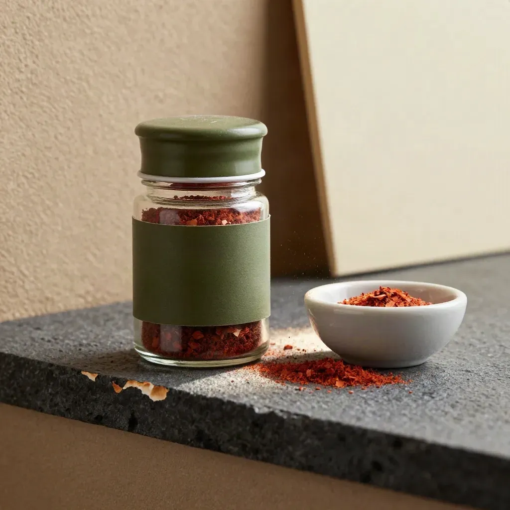 Aleppo pepper salt jar with flakes, egg cup, chips, and a falling pinch in a studio still life.