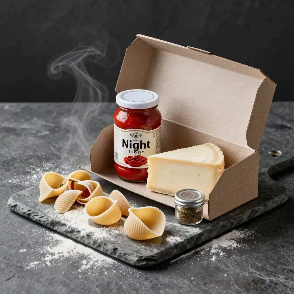 Open pasta pairing box with sauce, cheese wedge, spice jar, and dry pasta on stone.