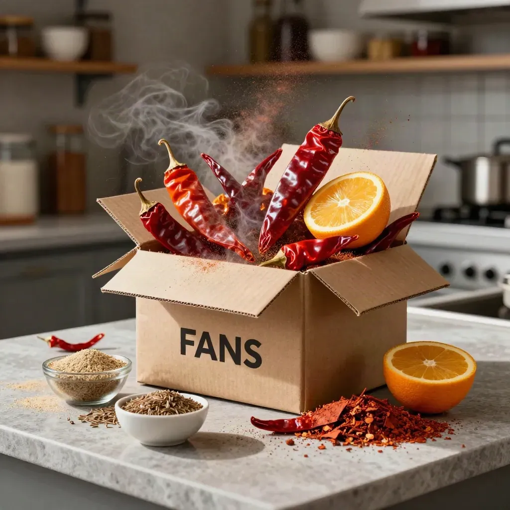 Open spice box bursting with chiles, citrus, spice bowls and pantry staples on a limestone counter.