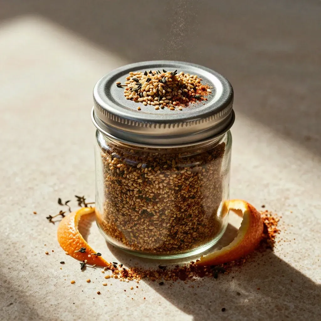 Top-down macro of an unlabelled za'atar citrus jar with sesame and spice crumbs on pale stone.