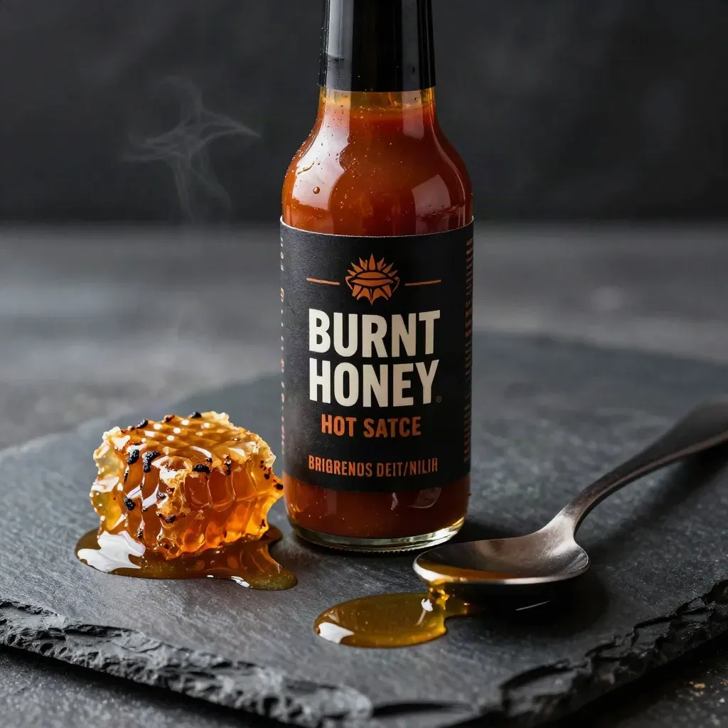 Dark hot sauce bottle with amber streak, honeycomb shard and spoon on slate