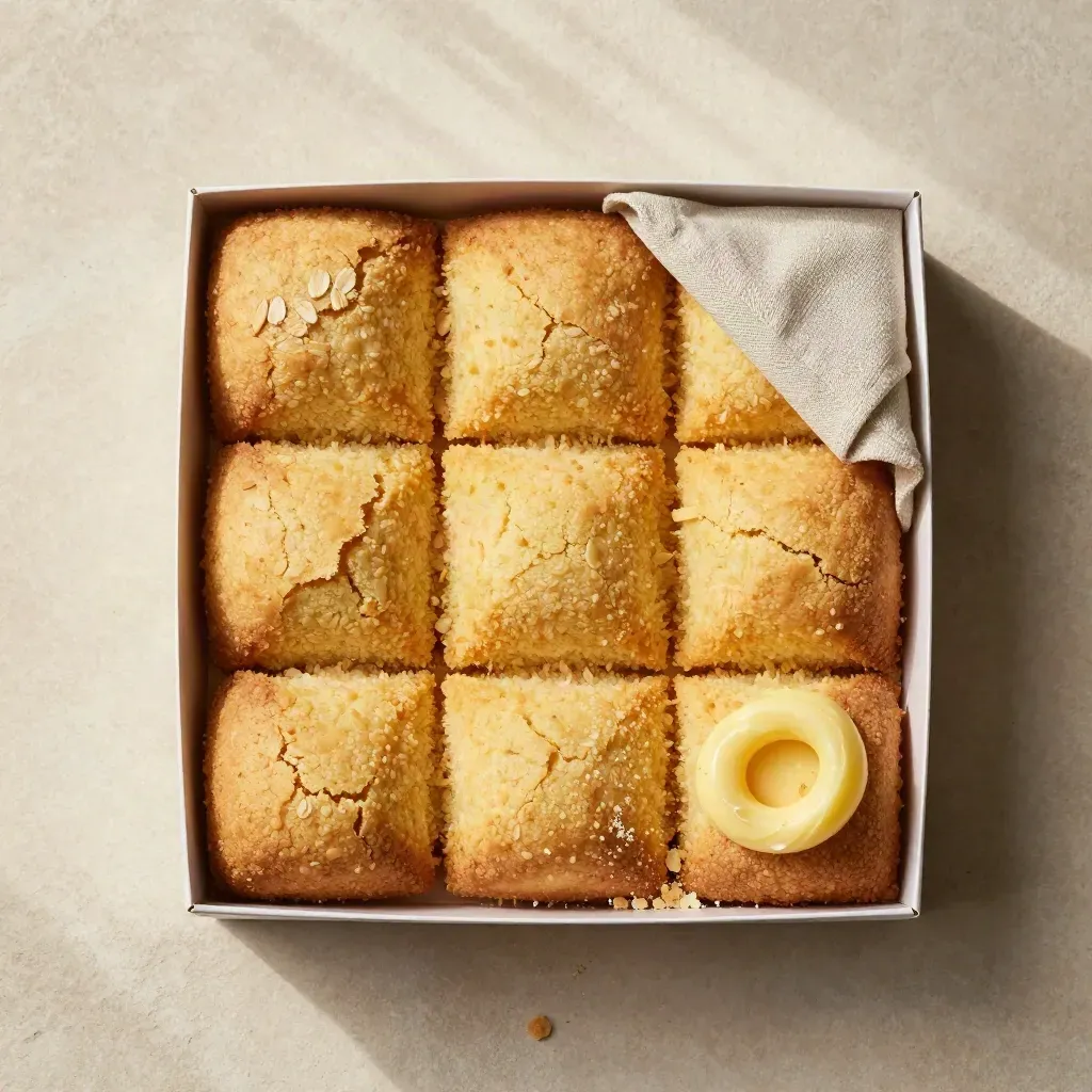 Overhead flatlay of a cornbread snack box with broken pieces, butter curl and crumbs on stone.
