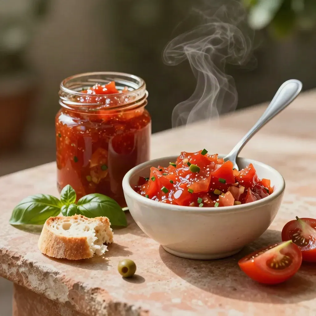 Tomato olive relish jar and bowl with bread, tomatoes and basil on warm stone.