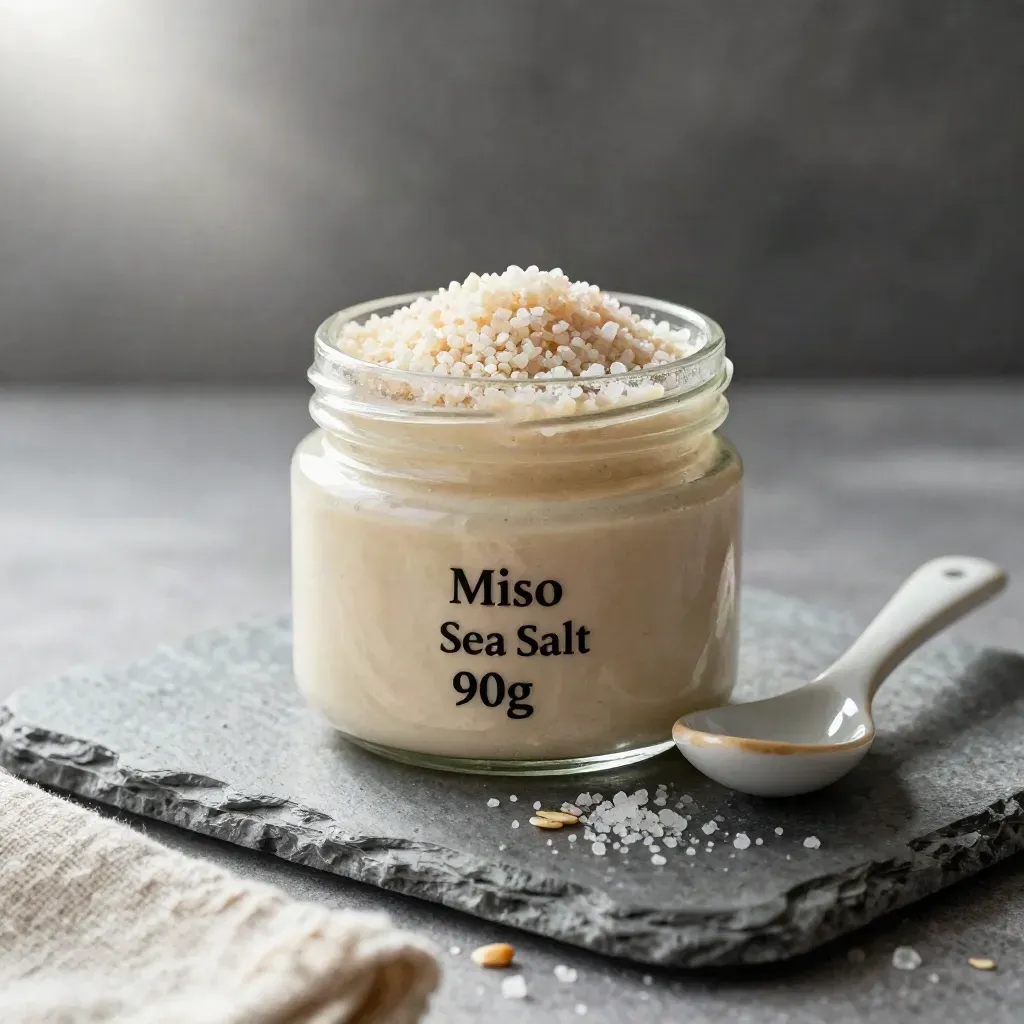 Miso sea salt jar with spoon and crystals on grey stone, lit by a soft rim glow.