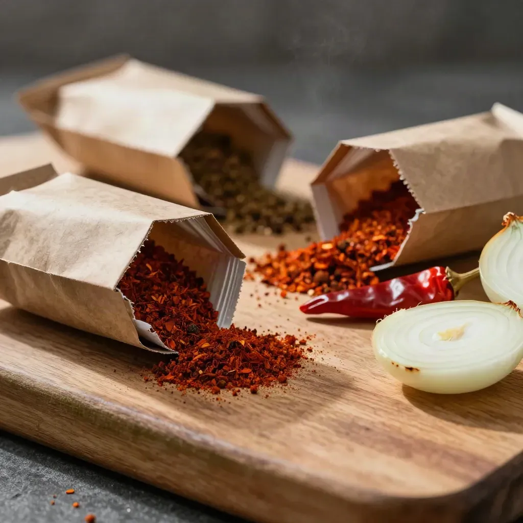 Macro of pepper kit cartons, dried peppers, onion halves and spice sachets on worn wood