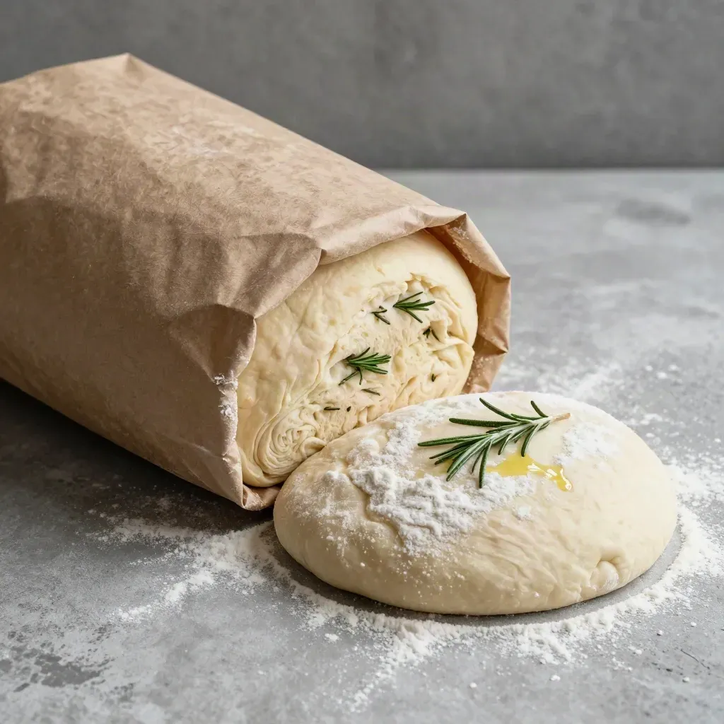 Rosemary focaccia mix bag beside risen dough, rosemary sprigs, and olive oil on concrete.