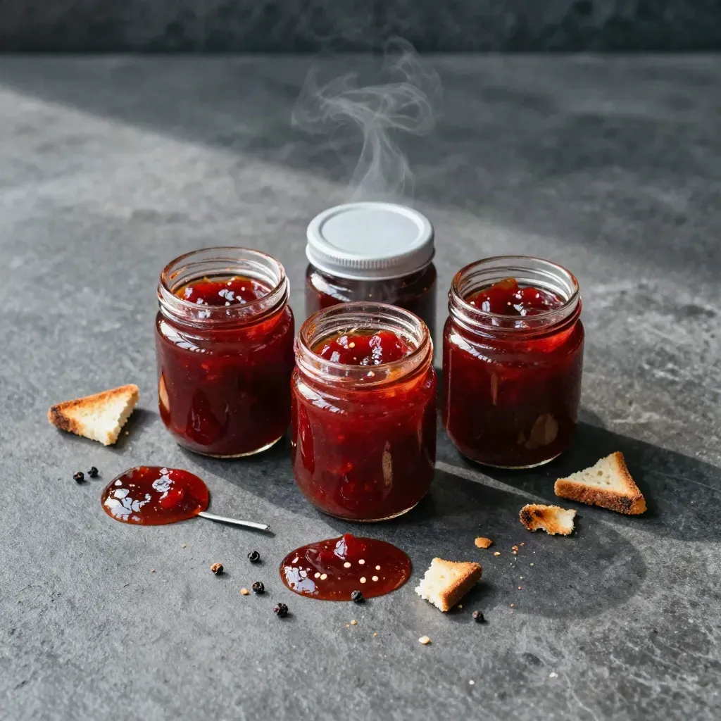 Three jars of chilli jam with spoon swirls, toast corners, and pepper seeds in a tight flatlay.
