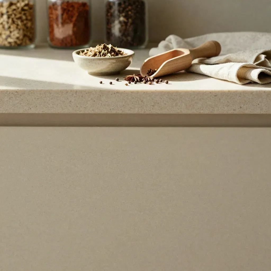 Travertine counter with blurred spice jars and a calm empty foreground in warm morning light.
