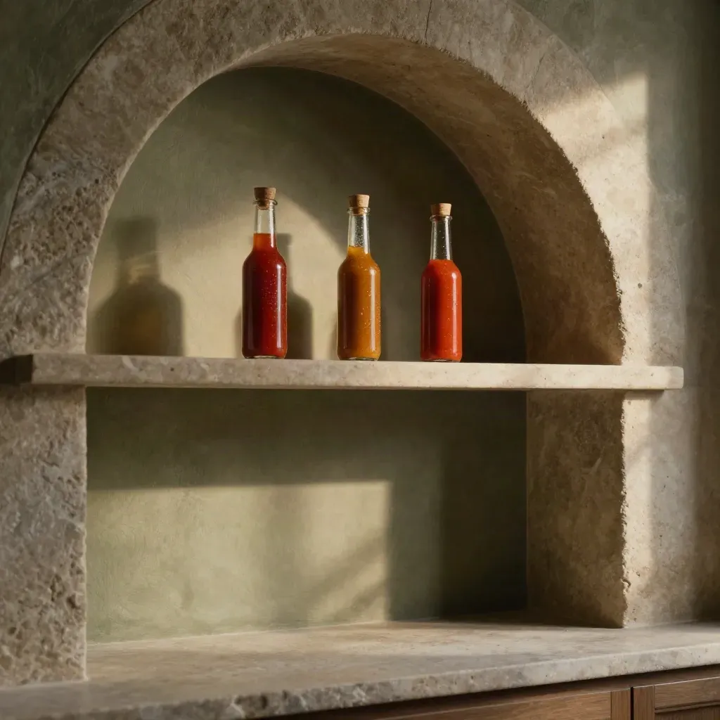 Three hot sauce bottles on a sunlit stone pantry shelf under an arch.